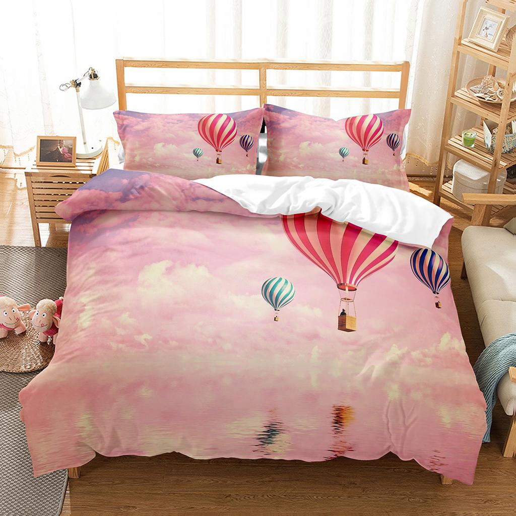 Heißluftballon Bettbezug Set Weißes Wolkenmuster Polyester Bettdeckenbezug King Queen Einzelgröße Für Kinder Mädchen Schlafzimmerdeko