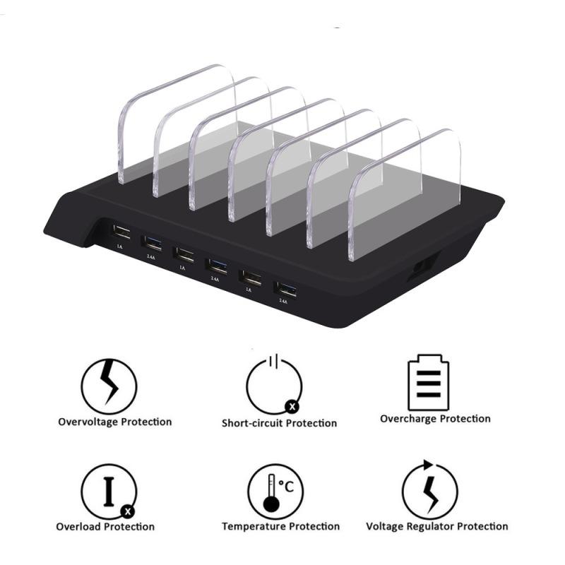 USB-Ladestation, 6-Port-Universal-Desktop-Dockingstation mit abnehmbaren Leitblechen, Ständer-Organizer