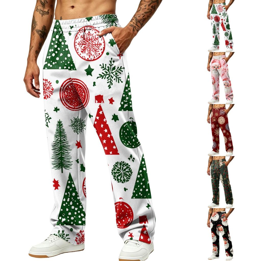 Men's Fashion Casual Loose Wide Leg Christmas Print Sweatpants with Pockets for Holiday
