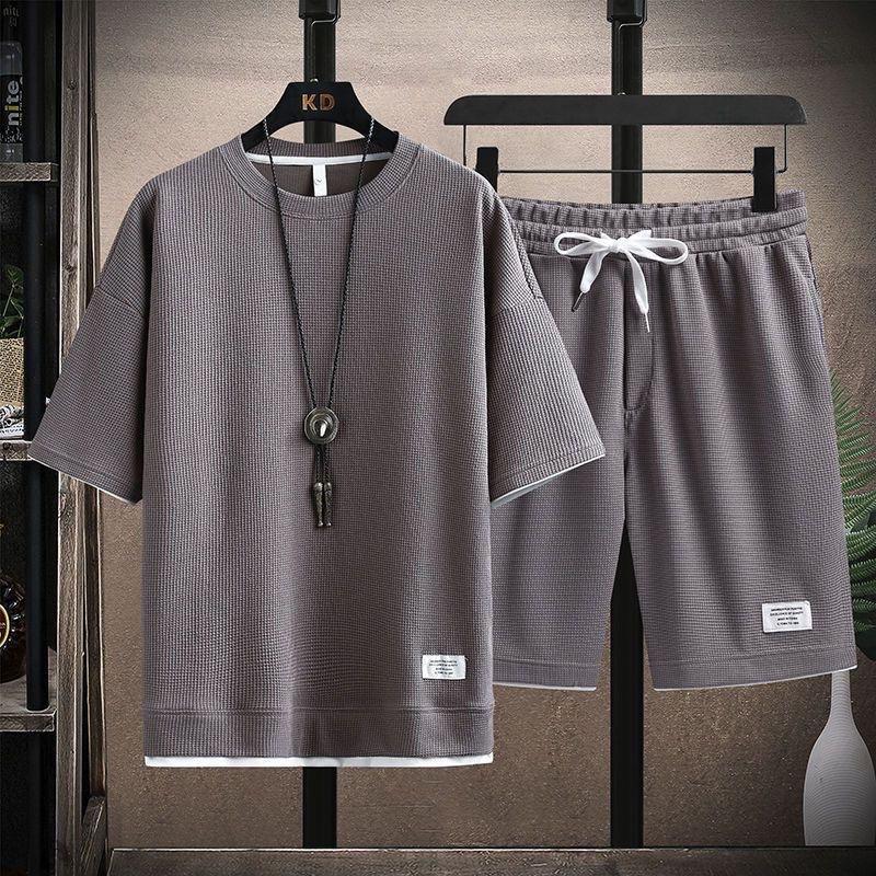 Men's Waffle Knit T-Shirt Shorts Set 2 Piece Casual Outfit Fake Two-Piece Design
