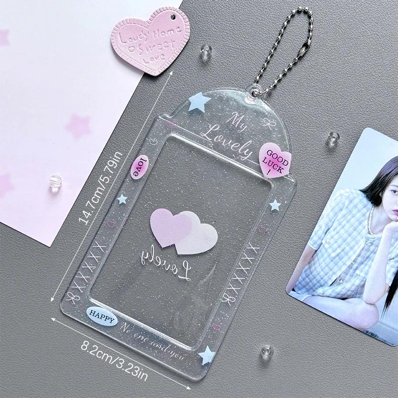 Transparent Glitter Hearts Photo Card Holder Kpop Meal Card Bus Card Sleeves Photocard Protective Cover Pendant 1PC