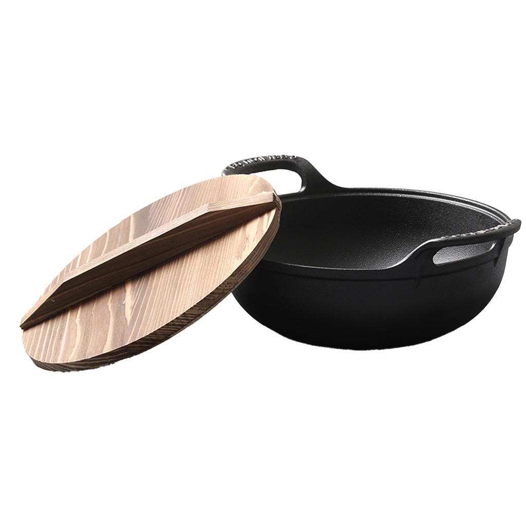 Cast Iron Wok Uncoated Anti Stick Dual Handle Stir Fry Pan with Wood Lid for Induction Cooktop