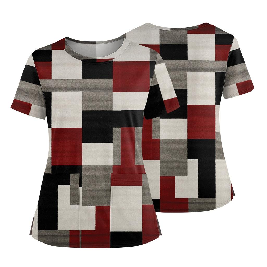 Women's Fashionable Printed Round Neck Pocket Short Sleeved Shirt With Slit Hem Uniform And Worker's Top