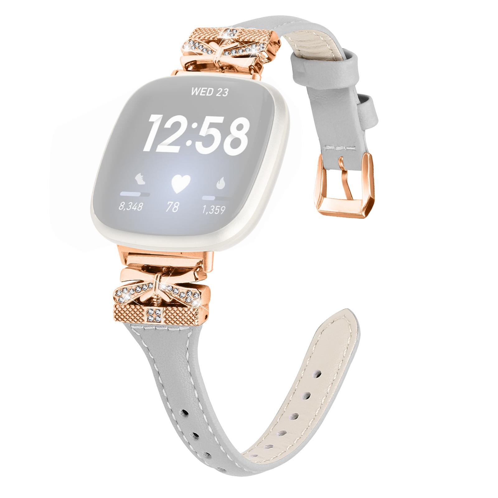 

Rose Gold Buckle Band for Fitbit Versa 3/4/Sense/Sense 2 Genuine Cowhide Leather Watch Strap Grey