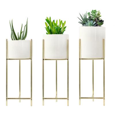Ceramic Flower Pot with Metal Stand Floor Standing Flowerpot Holder Iron Frame for Heavy-Duty Pots Offices Homes Indoor Display