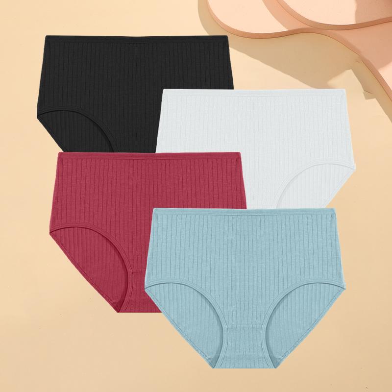 FINETOO 4KS/SET Bavlněné pruhované dámské spodní prádlo Sexy kalhotky s vysokým pasem Jednobarevné měkké slipy Dámské prodyšné strečové spodní prádlo