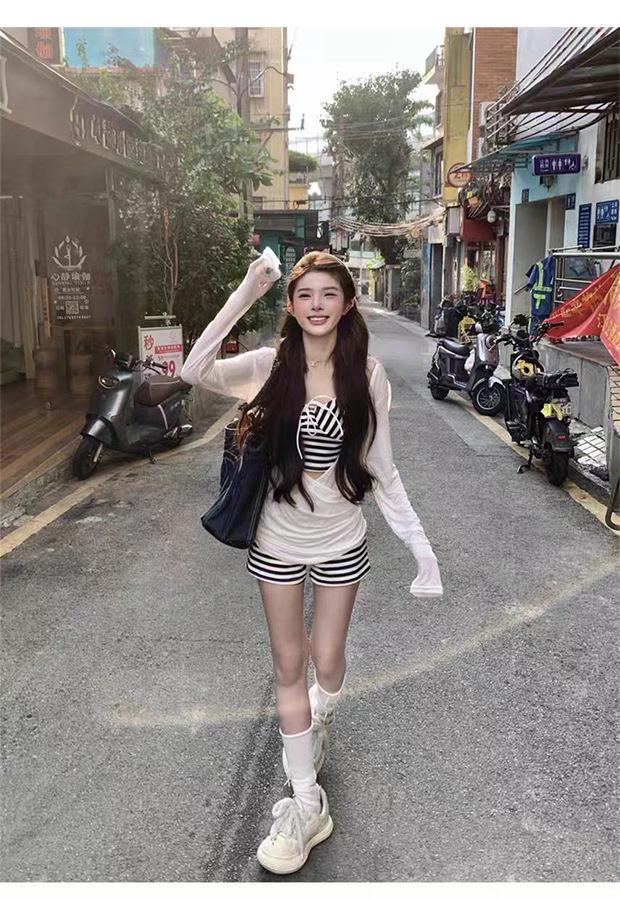 2026 Trendy Women's Long Sleeve Striped Swimsuit Cover-up with Sun Protection and Bikini Set