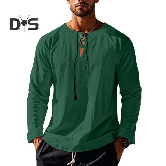 

Мужская хлопковая рубашка с V-образным вырезом, длинный рукав, свободная футболка, однотонный летний повседневный топ для повседневной носки, уличной вечеринки, пляжа M зелёный