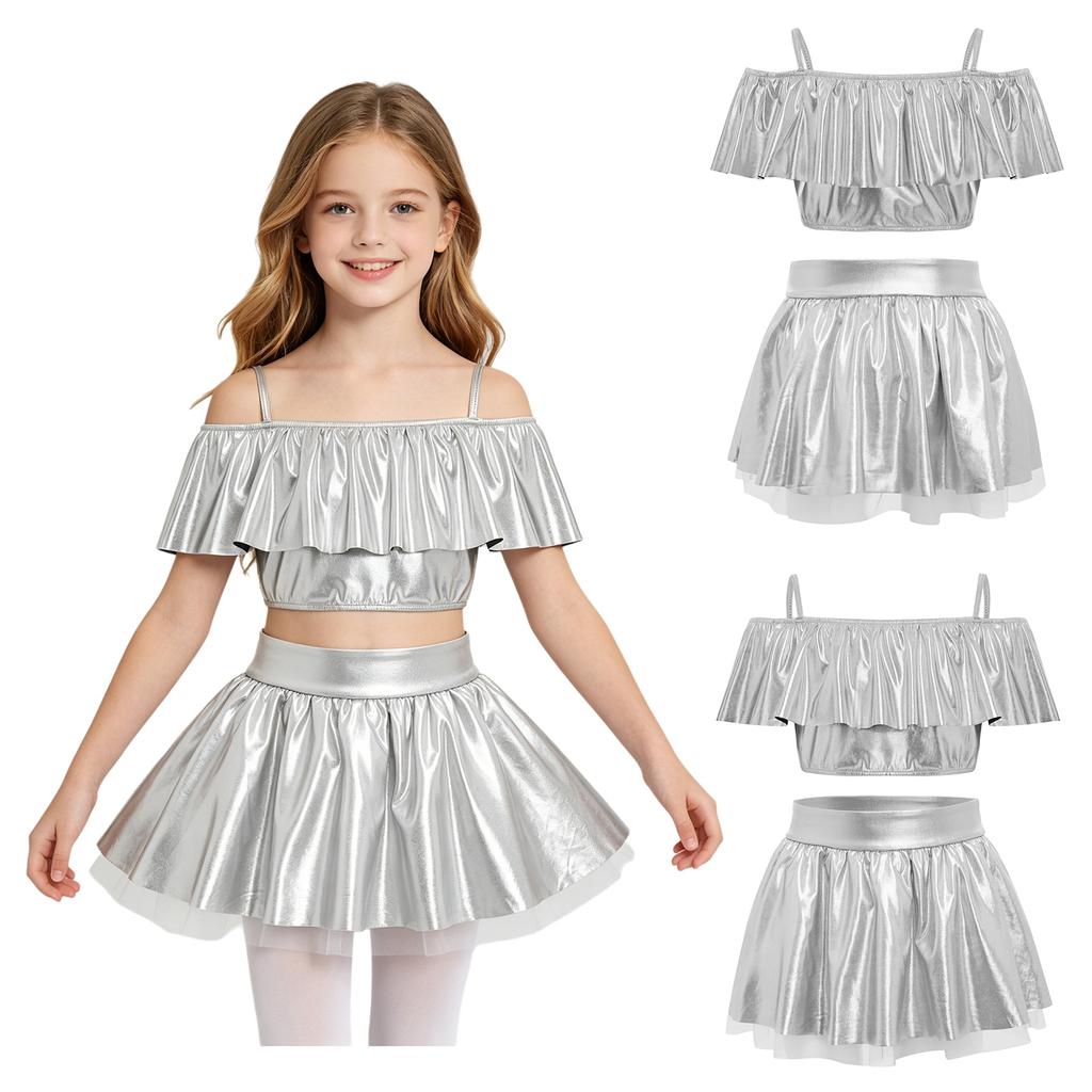 Girls Dancewear Off Shoulder Sleeveless Metallic Ruffle Crop Top and Shiny Tutu Skirt for Stage Competition Party Wear