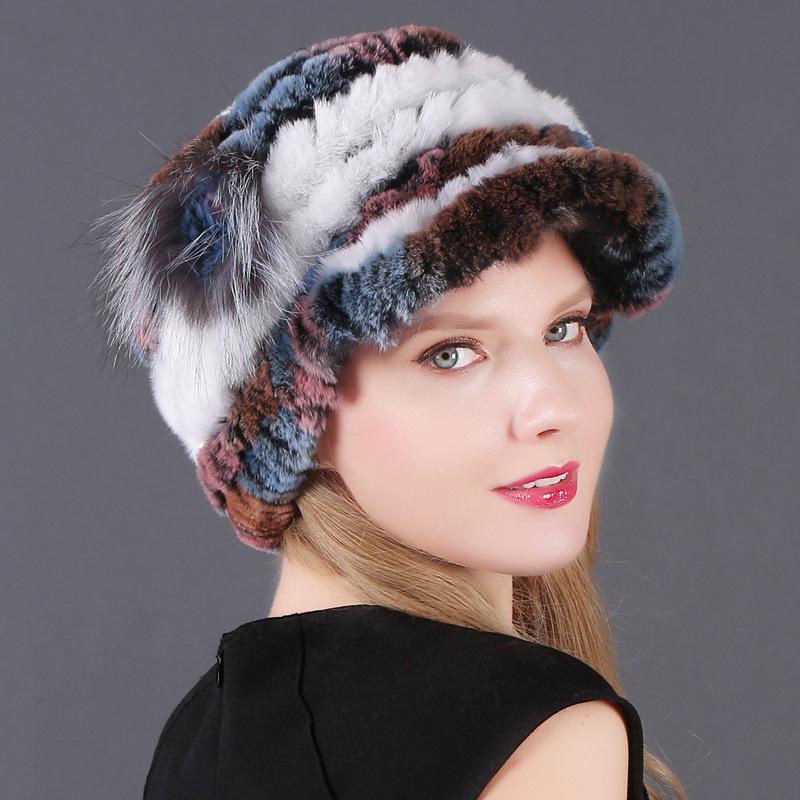 Wintermütze für Damen, warm, Rex-Kaninchenhaar, gestricktes Fell, Entenzungenmütze