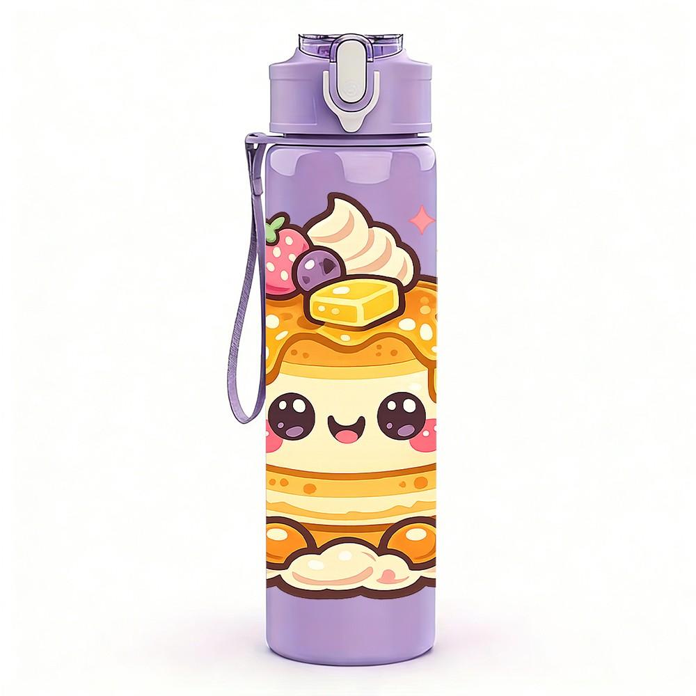 1PC Sweet Pancake Breakfast Art 750ml Color Plastic Sports Water Bottle Leakproof Flip Straw Lid Suitable for Sports Office Home Use