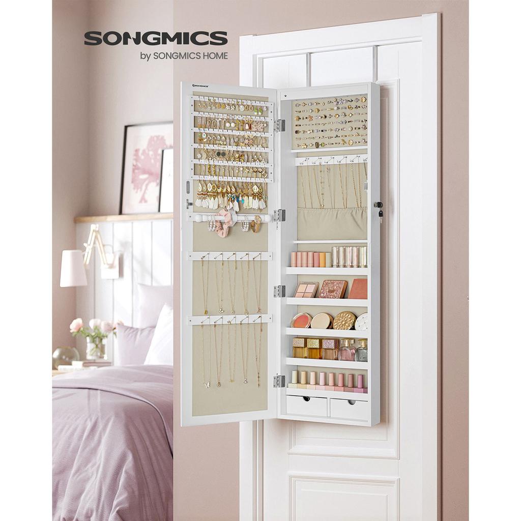 SONGMICS Jewellery Cabinet Armoire, Lockable Wall-Mounted Storage Organiser Unit for Necklace Earring, with Mirror and Various Compartments