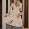 Solid Long Dress High Waist A Line Pleated Women Long Sleeve V Neck Summer
