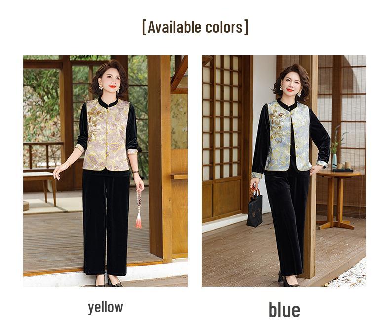 Elegant Chinese-Style Gold Velvet Spring Suit for Moms - Three-Piece Set for Middle-Aged & Elderly Women (2026)