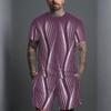 Men Grey White Vertical Thin Stripe Short Sleeve Tee And Matching Shorts Two Piece Suit