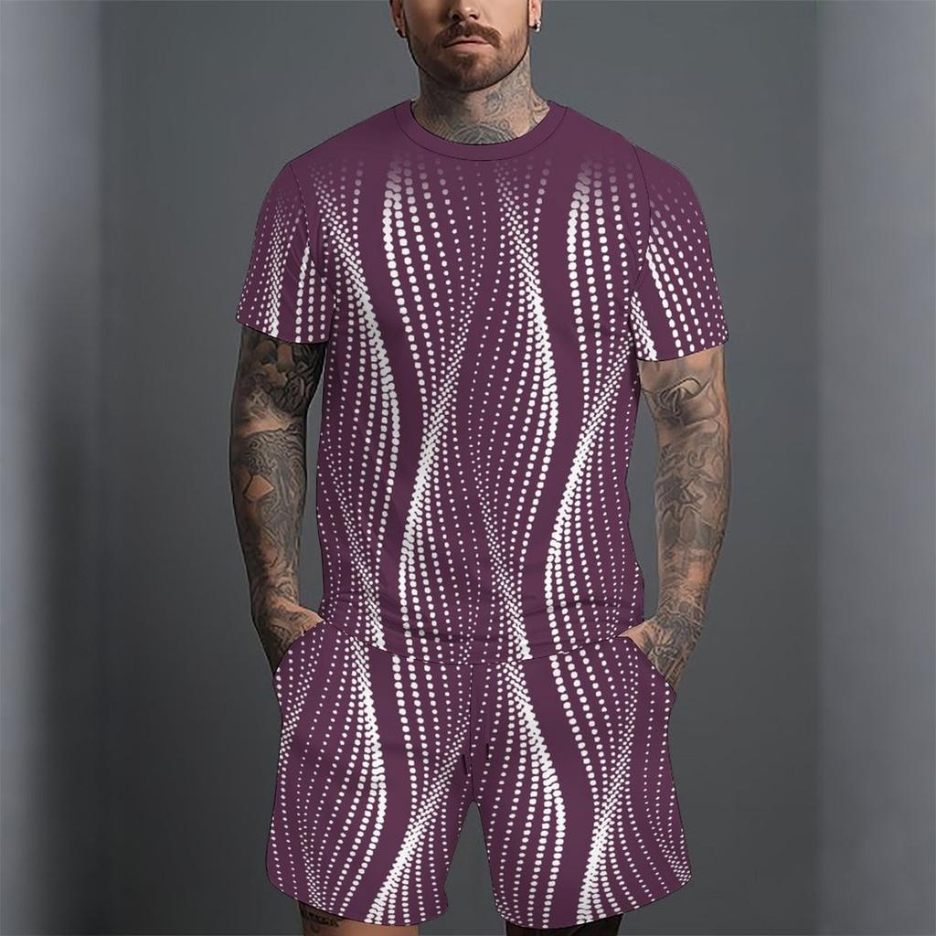 Men Grey White Vertical Thin Stripe Short Sleeve Tee And Matching Shorts Two Piece Suit