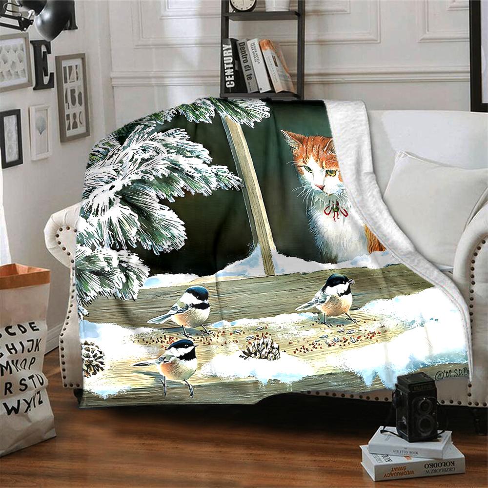 Cat Chickadees Winter Blanket Soft Throw Blanket For Home Bedroom Bed Sofa Travel Office Solid Christmas Blanket