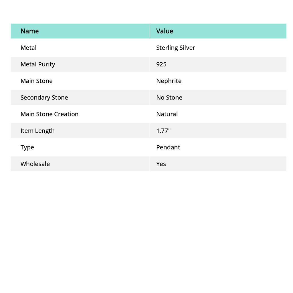 Pendentif en argent sterling 925 fait main avec néphrite, 4,5 cm, c9s07