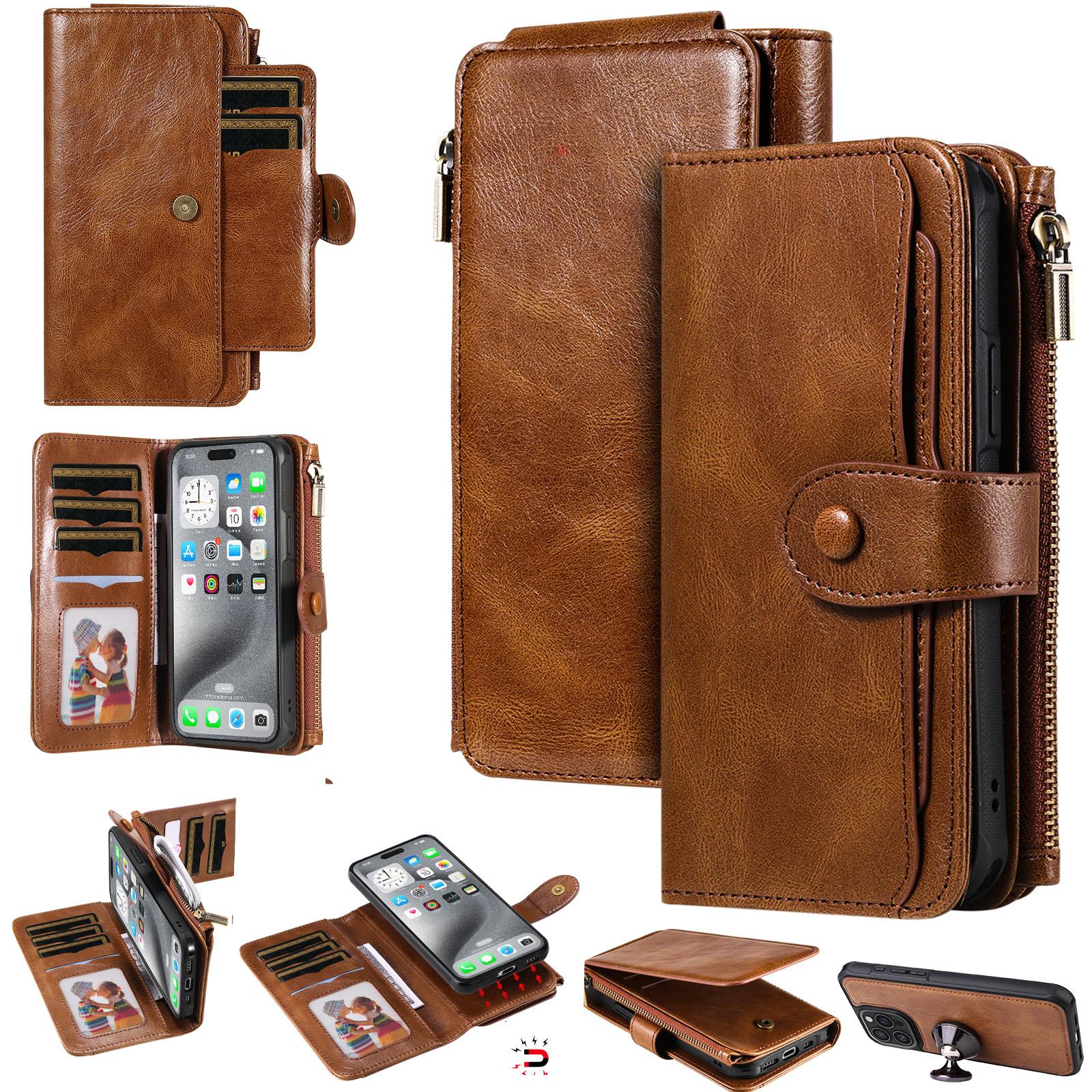 

For iPhone 16 Pro Max Magnetic Case Detachable PU Leather Zipper Wallet Cover Brown