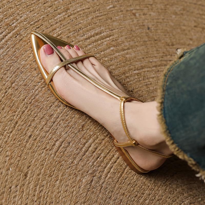 New women's outerwear Roman shoes French retro flats thin strap pointed comfortable word gold sandals summer