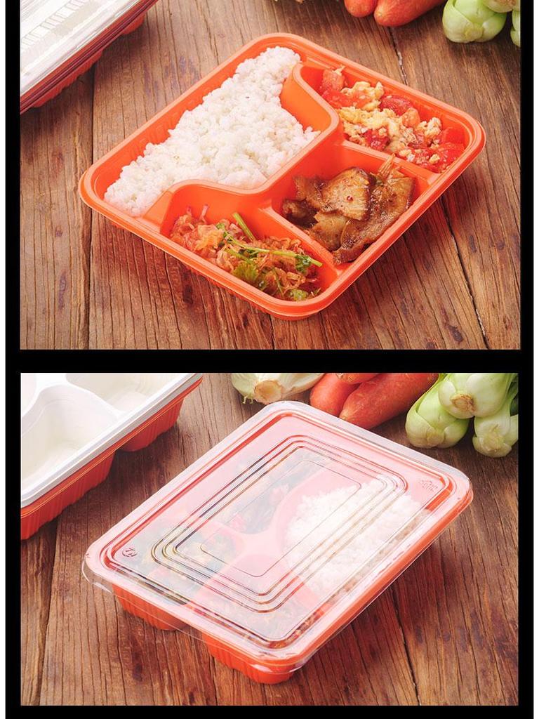 Four-Grid Disposable Plastic Bento Lunch Box with Lid, Multi-Compartment Food Packaging Container.