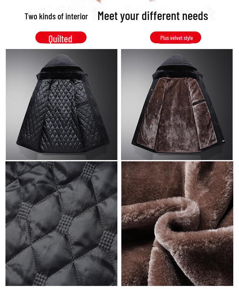 Męska kurtka zimowa średniej długości z kapturem i pluszową podszewką dla taty