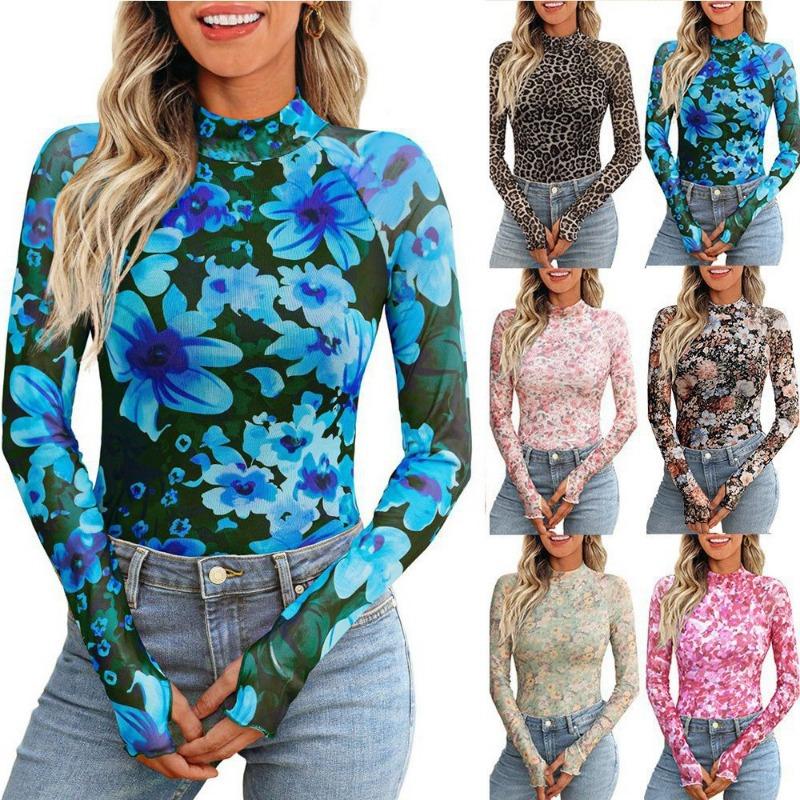 Women S Sexy Y2k Mesh Printed Long Sleeve T Shirt Half High Neck