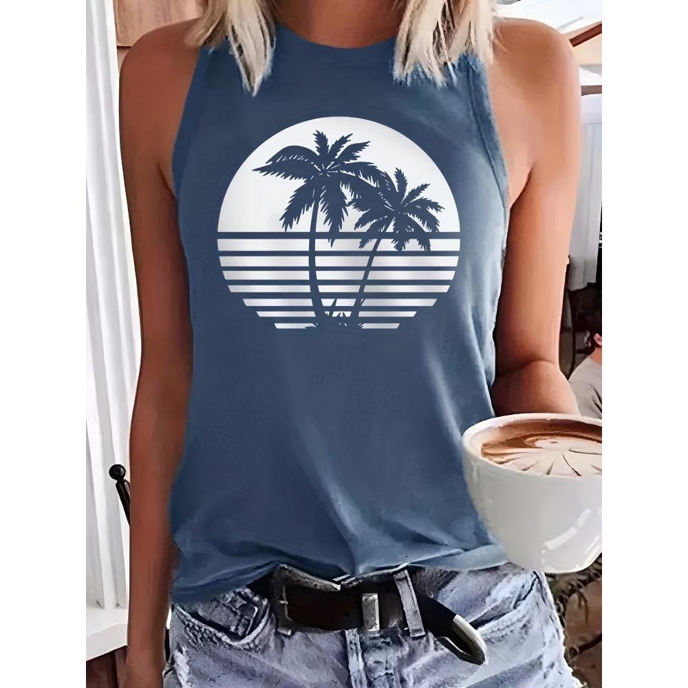 Women s Summer Coconut Tree Printed Loose Tank Top T-shirt S