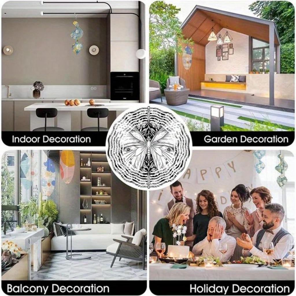 Hand-Drawn Metallic Black & White 3D Butterfly Mandala Wind Chime - Outdoor Hanging Garden Sculpture Art, No Power Needed