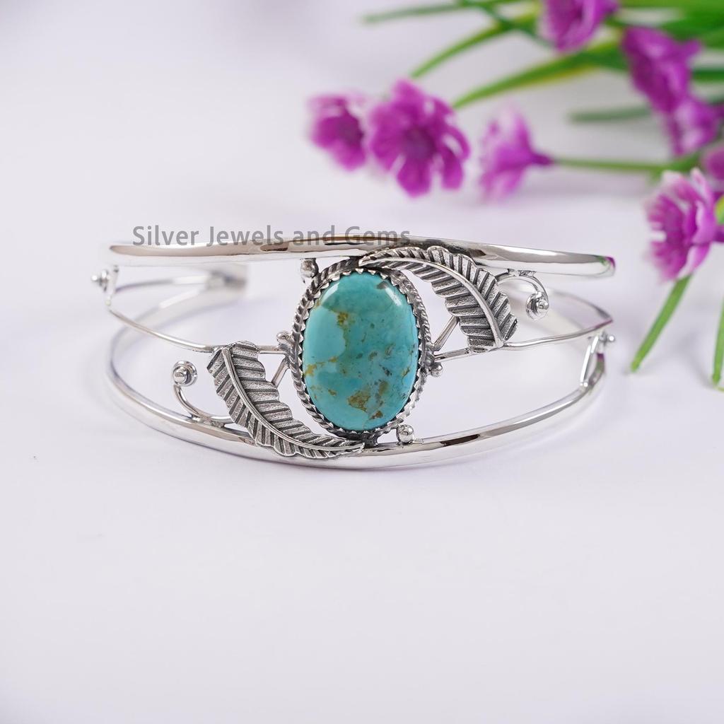Turquoise Cuff Bracelet, Arizona Turquoise Cuff Bangle, Designer Leaf Bracelet, 925 Sterling Silver Bracelet, Engagement Bracelet