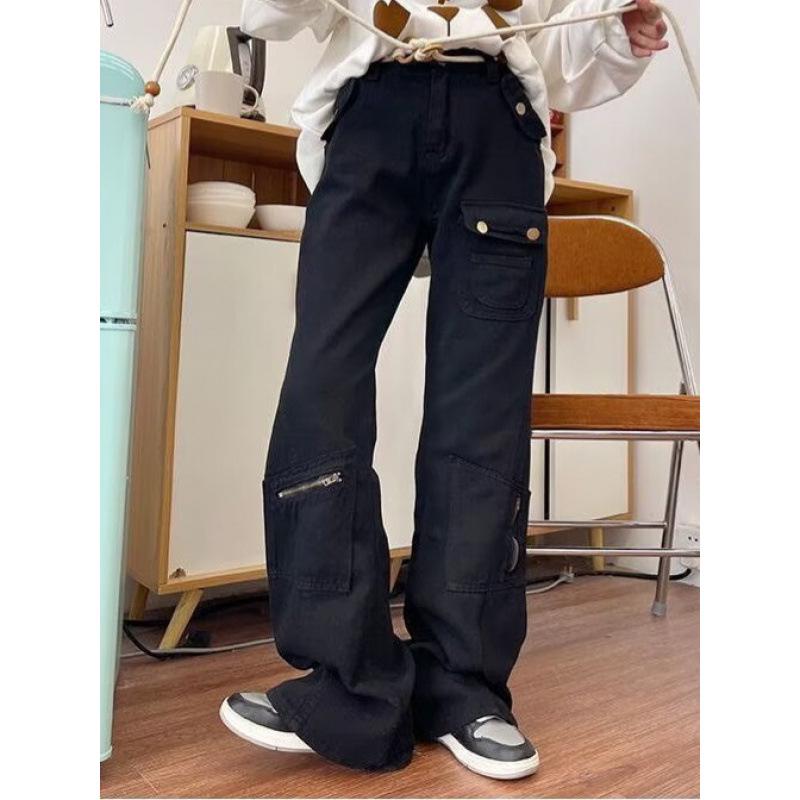 

Unisex Black High Waist Slimming Zipper Cargo Denim Jeans - Straight Loose Fit with Micro Flare for Spring and Autumn. M чорний