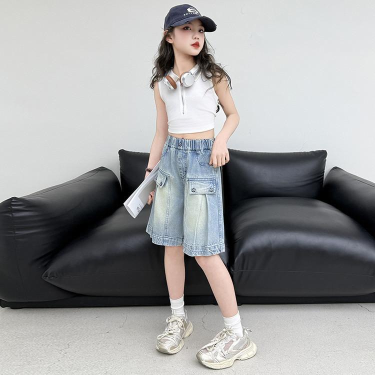 Long Style Kids Child Design Jeans Capris Shorts with Fake Pocket for Girls High Fashion Summer Mid-Calf Denim Shorts