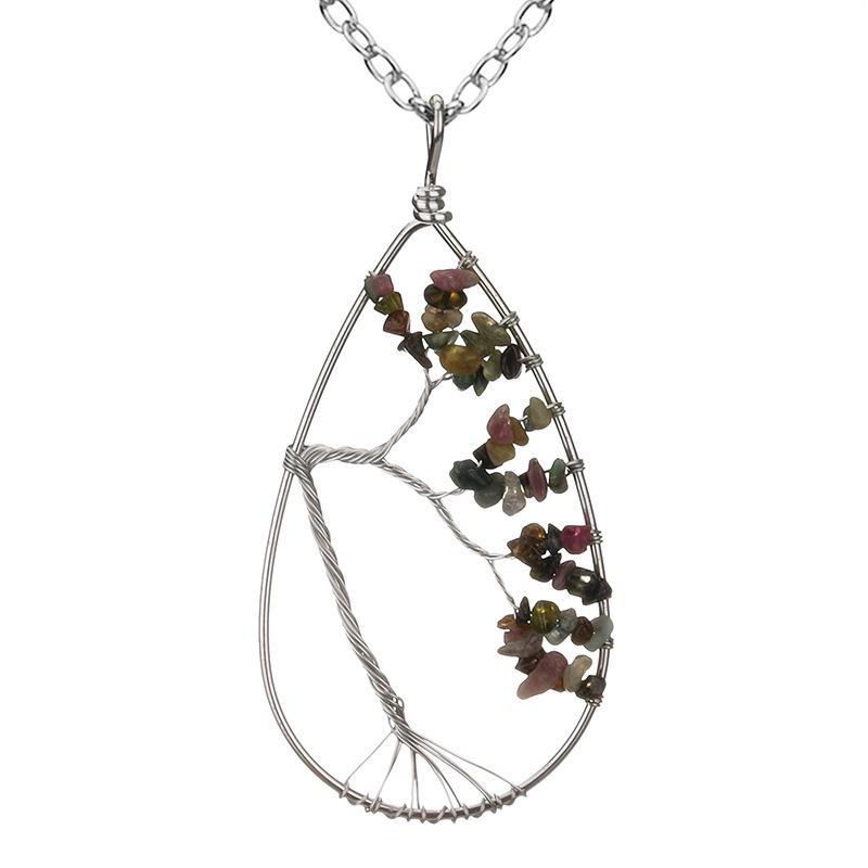 Handmade Silver Wrapped Copper Wire Crushed Stone Tree of Life Necklace, Water Drop Natural Stone Design, Bent Tree of Life Necklace N28.