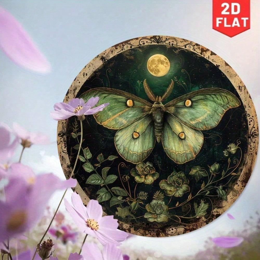 Vintage Luna Moth Metal Sign Handmade 3D Wall Art Round Moon Flower Decor 20cm