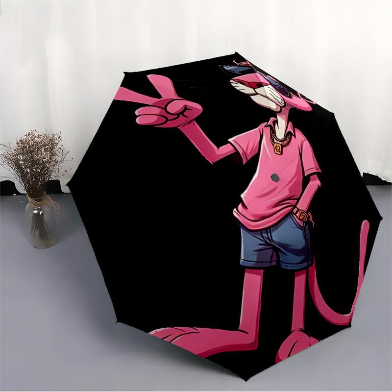 1pc Pink Panther Automatic Umbrella 8 Rib Portable Folding Black Iron Frame for Outdoor, Beach, Travel, Beach Umbrella 177