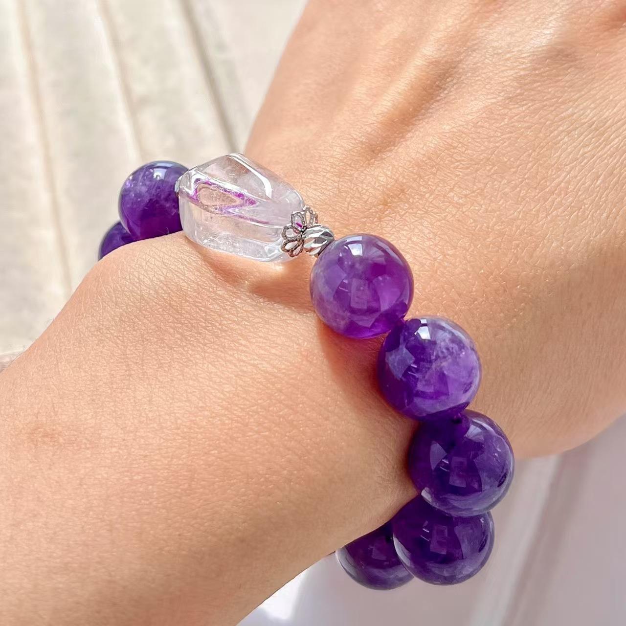 Retro 12Mm Large Particle Natural Amethyst White Crystal Design Sense Basic Bracelet Bracelet
