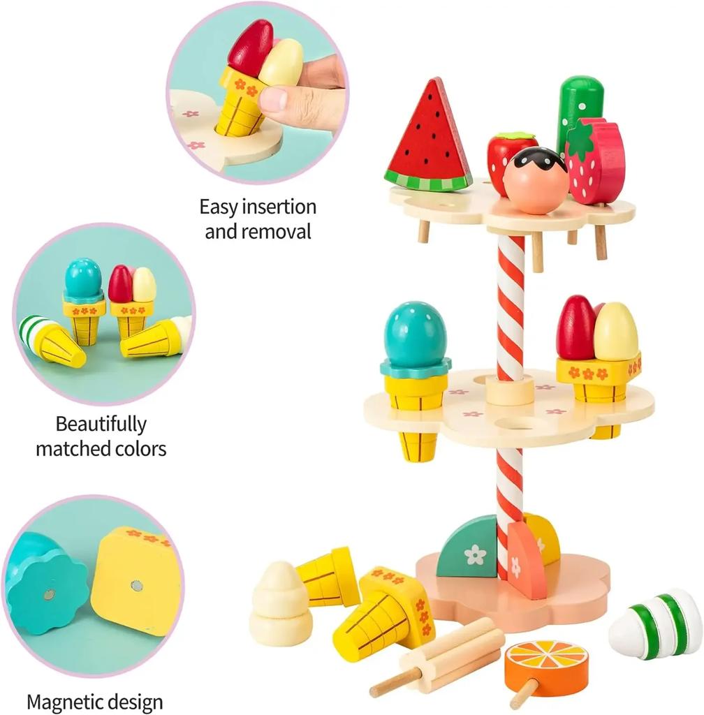 Wooden Ice Cream Counter Playset for Toddler Toys, Montessori Pretend Play Food Toys Kitchen Accessories Early Learning AidsFMX