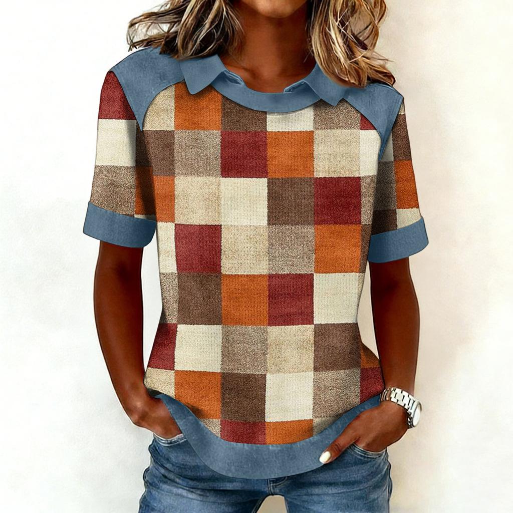 Women's Fashion Collar Cowboy Splicing Sweatshirt Casual Printed Hoodie Short Sleeve Shirt Top