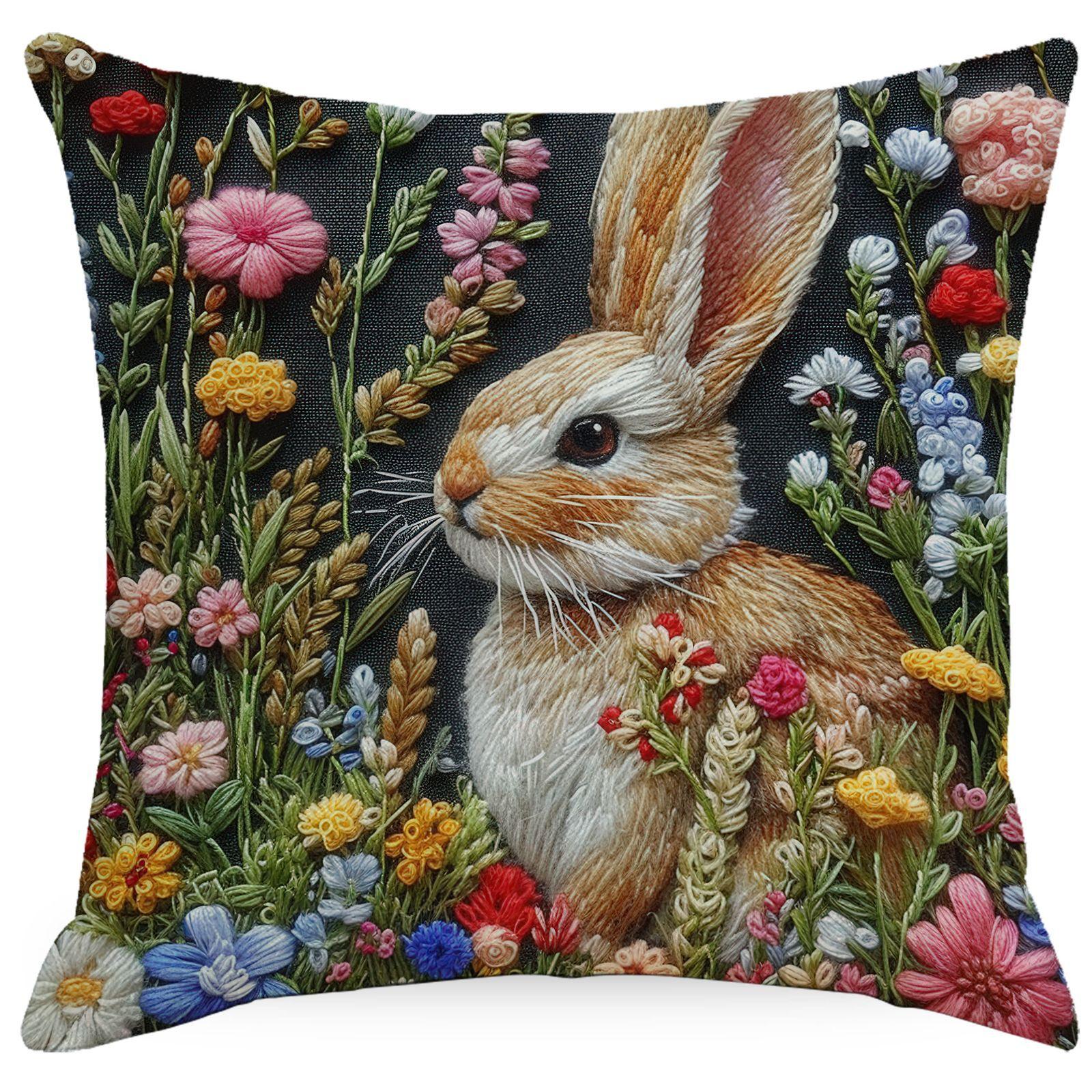 

Новая весенняя наволочка с имитацией вышивки, с цветочным принтом и кроликом, льняная, печатная, домашняя, наволочка для подушки 45 * 45Cm