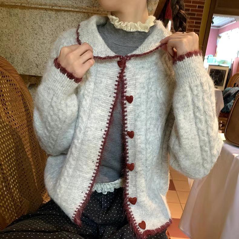 

Женский кардиган в корейском стиле, милый трикотажный кардиган с воротником Питер Пэн и цветными блоками - Свитер свободного кроя на осень/зиму 2024 One Size светло-серый