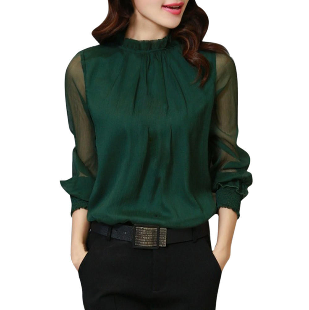Buy Women Chiffon Elegant Loose Ruffles Long Sleeve Blouse Casual Tops ...