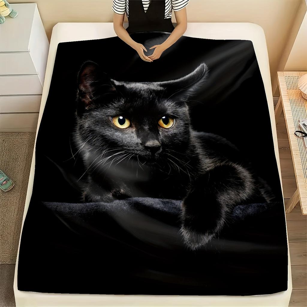 Schwarze Katze Druck Flanelldecke Weicher Warmer Überwurf für Couch Sofa Büro Bett Camping Reisen Gemütliche Nickerchen Decke