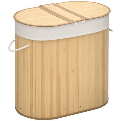 Bamboo Laundry Basket with Lid, 100 Litres Laundry Hamper with 2 Sections, Removable Washable Lining, Washing Baskets, 62.5 X 37 X 60.5cm, Natural