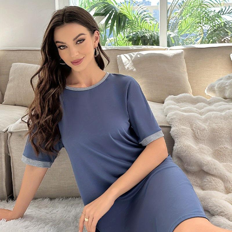 Sommer Damen Milch Seide Nachthemd Kleid blau Patchwork Homewear Pyjamas