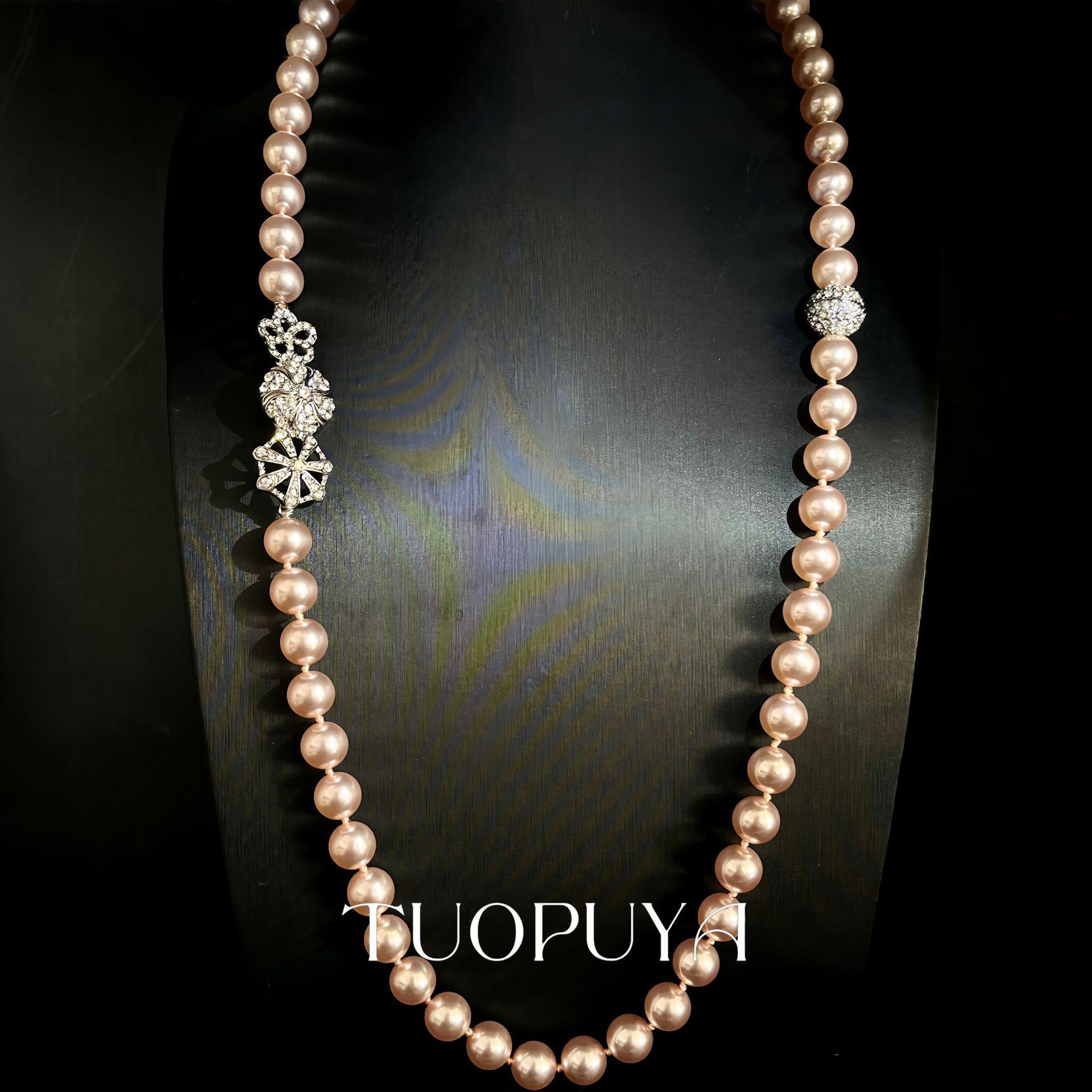French Pink Pearl Rhinestone Flower Long Sweater Necklace