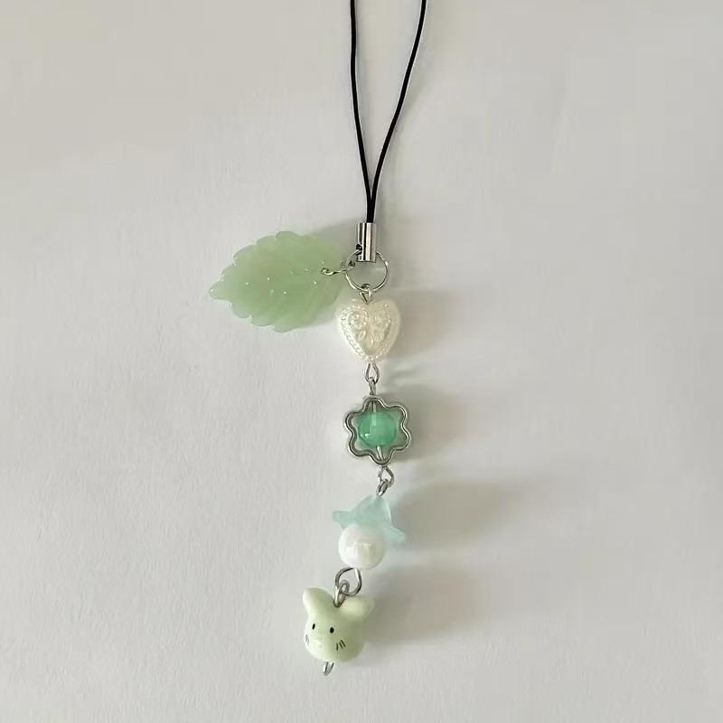 Handmade Four Leaf Clover Beaded Phone Charm Y2K Cute Cat Totoro Keychain Cybercore Cell Phone Chain Pendant Key Ring Bag Decor