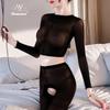 Sexy Lingerie Sexy Pure Desire Long-sleeved Crew Neck Belly Button Two-piece Set Open-file Free Large-size Stockings Onesie