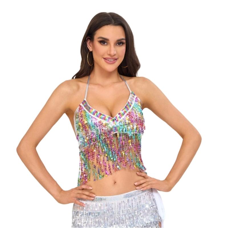 Топ-бюстгальтер с повязкой и блестками для танца живота Женские костюмы для танца живота для косплея Хэллоуина Выступлений Сцены
