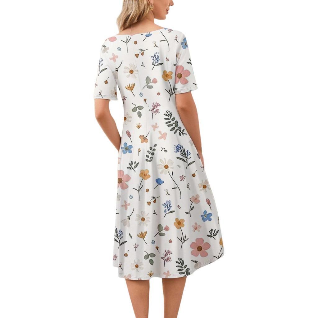 Dámské ležérní módní kulatý výstřih s krátkým rukávem a květinovým potiskem, midi šaty