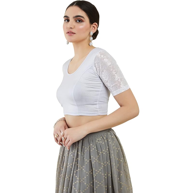 Soch Silver Spandex Princess Cut Blouse with Floral Sleeves 36 серебряный